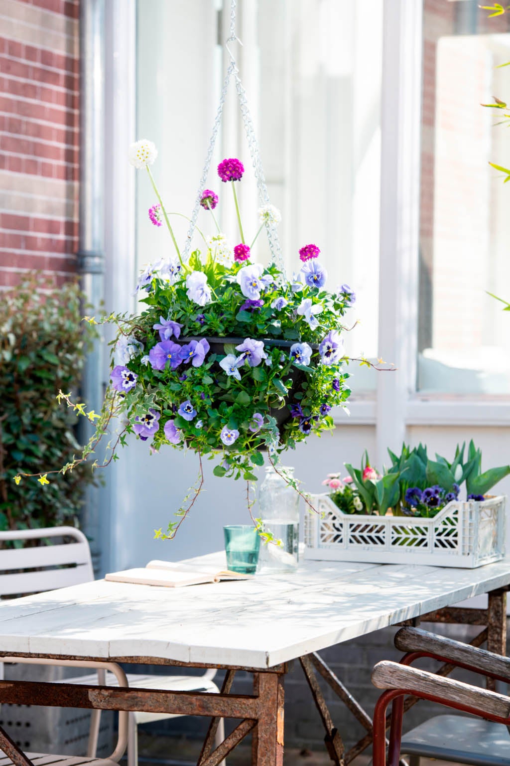 Hängetopf mit Blumen über dem Tisch